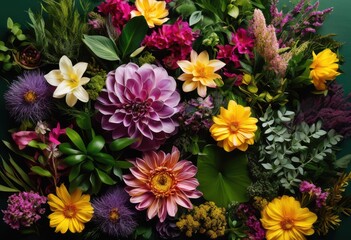 vibrant lush botanical flat lay featuring unique arrangements diverse flora greenery captivating display, aesthetic, art, basket, bloom, colors, creative