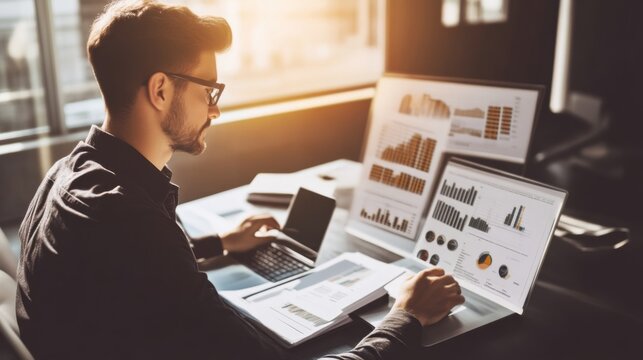 Businessman Analyzing Financial Data on Laptop and Charts