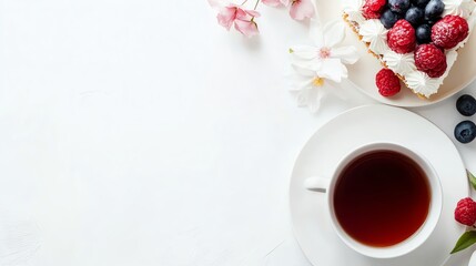 A slice of vanilla cake with white frosting and berries on top, next to a cup of tea and flowers.