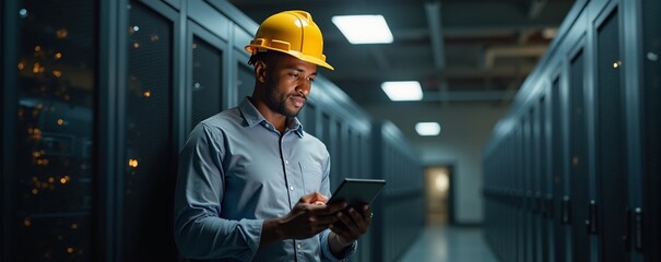Professional African American technician using tablet in server room during evening shift