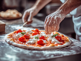 Artisan pizza preparation in a rustic kitchen with fresh ingredients and hands at work