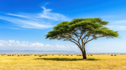 Obraz premium A solitary tree stands against a vibrant blue sky, surrounded by golden grasslands, showcasing serene beauty and nature's splendor.