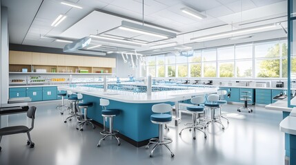 Obraz premium Modern Laboratory Interior with Workstations and Stools