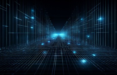 A futuristic digital grid with blue glowing lines, creating an immersive and abstract background.