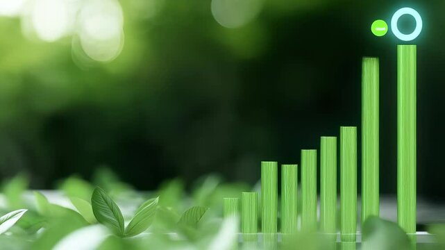 Innovative green growth concept showcasing digital bar graphs and leaves, symbolizing sustainability and environmental progress, surrounded by vibrant greenery and natures eco friendly essence.