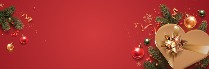 Horizontal banner with gold and green Christmas symbols and text. Christmas tree, gift, balls, golden tinsel confetti and snowflakes on a red background.
