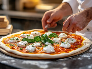 Artisan pizza preparation in a rustic kitchen with fresh ingredients and hands at work