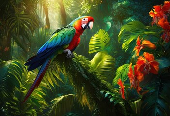vibrant wildlife intertwined lush foliage textures showcasing beauty nature colorful ecosystem, animals, fauna, landscape, habitat, jungle, rainforest