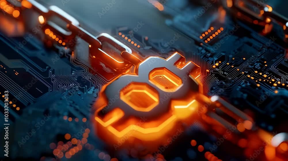 Poster exploring digital currency on circuit board blockchain technology and cryptocurrency innovation in g