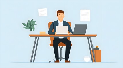 Businessman Working at Desk with Laptop and Papers