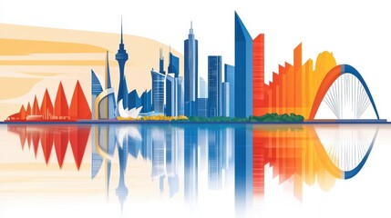 Obraz premium Urban skyline illustration with colorful reflections