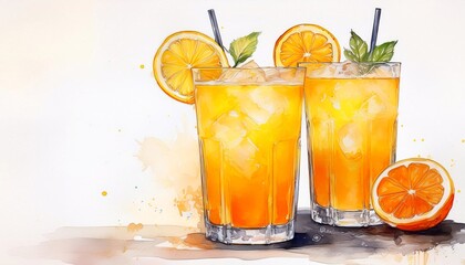 Watercolor illustration of two cocktails with orange juice and ice decorated with lemon slices