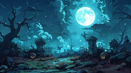 A Halloween background with halloween pumpkins on the ground. Cemetry in full moon. Halloween's celebration concept. Generative AI.