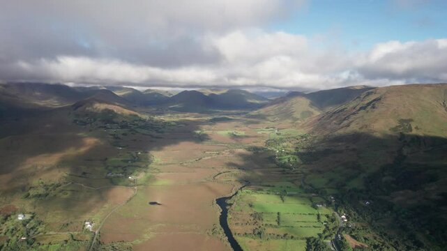 Spectacular 4K aerial footage of mountain valley from above with scenic mountains and countryside,  Maam west, Connemara, Galway, Ireland