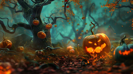 Autumn hallowen background with sparkling pumpkins, autumn falling leaves and trees. Halloween, Harvest season and Thankgiving day's celebrating concept. Generative AI.