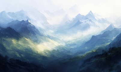 Misty mountain range with green valleys.