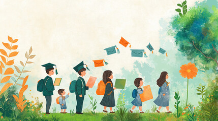 A motivational illustration showing the growth of a student from first grade to graduation through a timeline of achievements