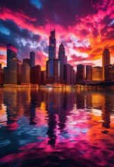 Fototapeta premium stunning vibrant city skyline illuminated bright colors dusk towering skyscrapers glowing lights reflecting water, aesthetic, architecture, brightness