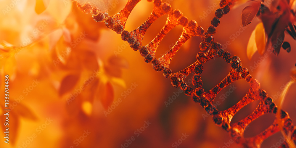 Poster abstract background with close-up of a vibrant dna strand surrounded by warm orange tones and soft b