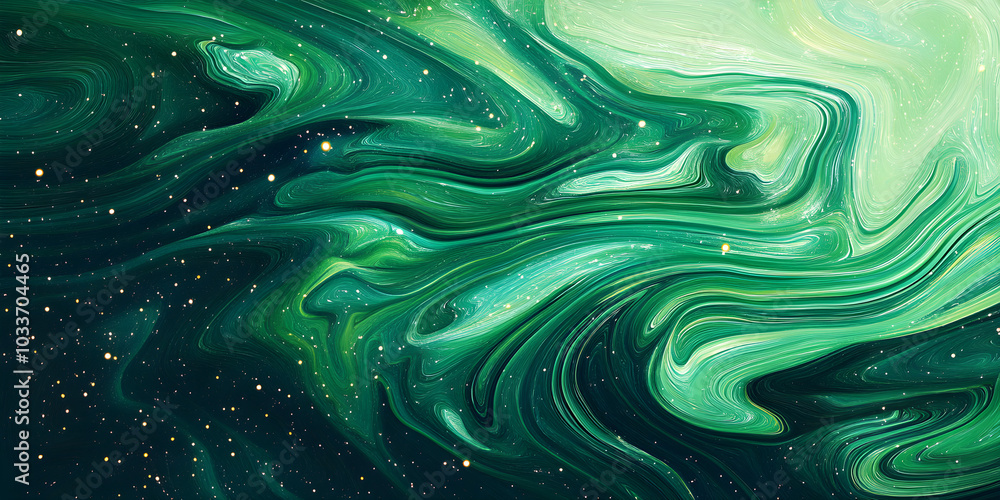 Poster abstract background features swirling green and white patterns reminiscent of cosmic space with glit