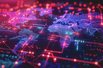 Fototapeta premium Digital world map, global communication theme, tech background, holographic light.