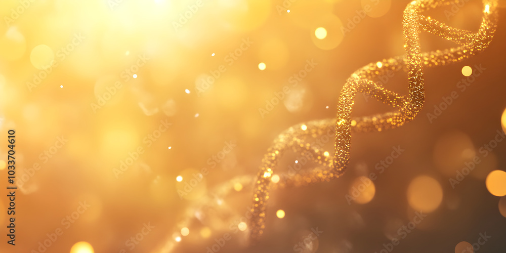 Poster abstract background features luminous golden dna strands glimmering in soft bokeh light, conveying a