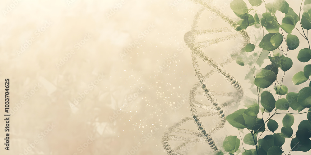 Poster abstract background featuring swirling dna strands alongside green leaves, creating a blend of natur