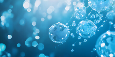 Abstract background featuring delicate bubbles suspended in a serene blue environment with light bokeh effects creating a sense of calm and tranquility