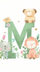 Obraz premium Cute Alphabet Letter M with Adorable Cartoon Animals and Flowers Illustration for Children’s Nursery Decor or Learning Material