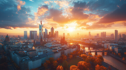 The center of city Frankfurt after sunset