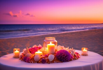 romantic beach sunset candle arrangement beautiful under colorful sky gentle waves creating enchanting atmosphere, decor, sand, ocean, nature, tropical