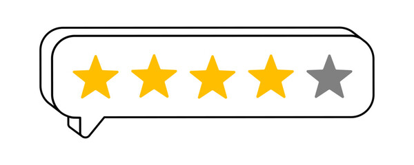 Hand drawn cute cartoon illustration of speech bubble with four rating stars. Flat vector customer positive feedback doodle. Online review sticker. Client satisfaction. Good quality. Isolated.