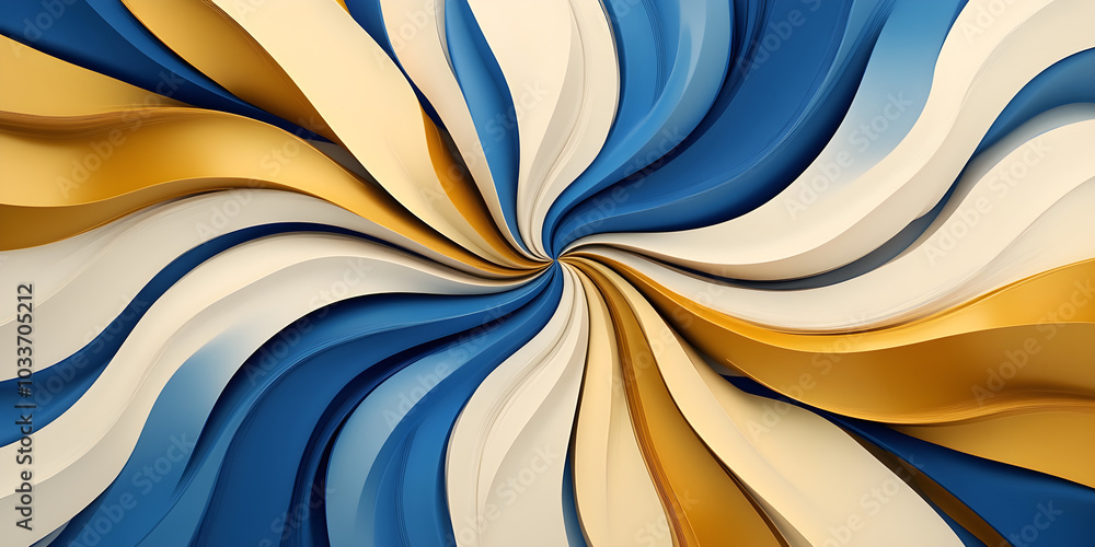 Poster abstract background featuring swirling layers of blue, gold and cream colors, creating a dynamic and