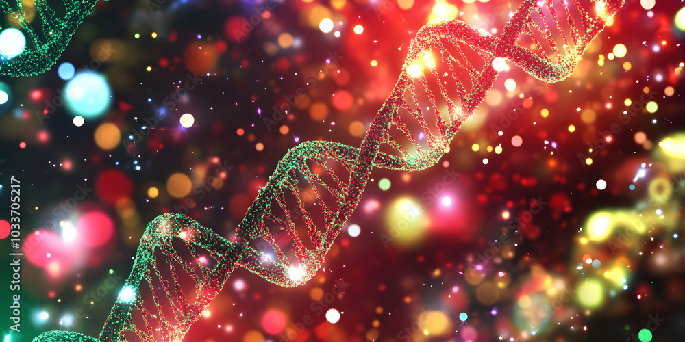 Poster abstract background with genetic patterns featuring a colorful dna strand, illuminated by vibrant bo