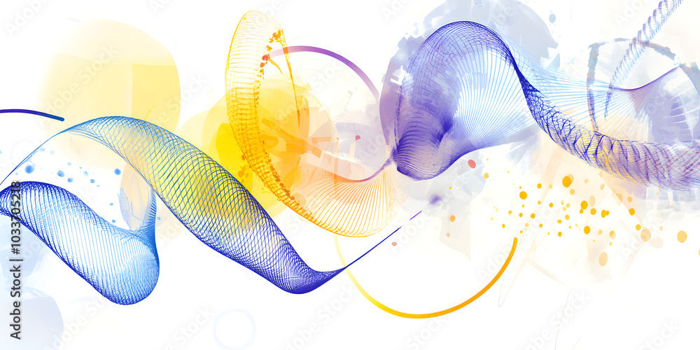 Poster abstract background features flowing waves in blue and yellow tones, representing genetic sequences 