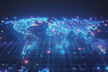 Obraz premium Digital world map, global communication theme, tech background, holographic light.