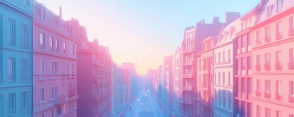 Pastel buildings line a city street.