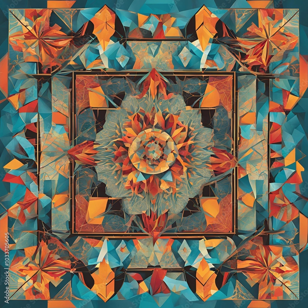 Poster a geometric pattern composed of interconnected shapes, representing order and complexity.