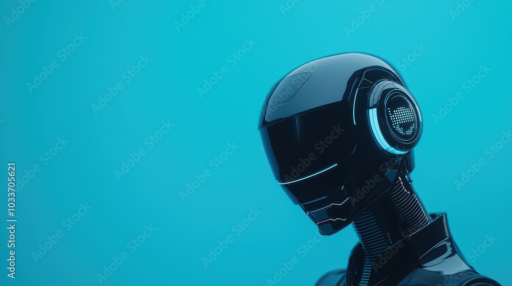 Poster futuristic robot with sleek design and blue background, symbolizing advancement in artificial intell