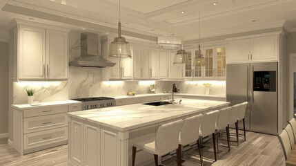 A stylish kitchen featuring white cabinets, quartz countertops