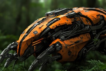 Fototapeta premium Futuristic robotic creature in a lush green environment, showcasing advanced mechanics and a striking orange design.
