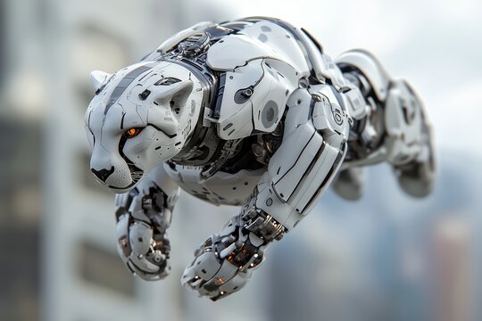 Futuristic robot panther in mid-air, showcasing advanced technology and design.