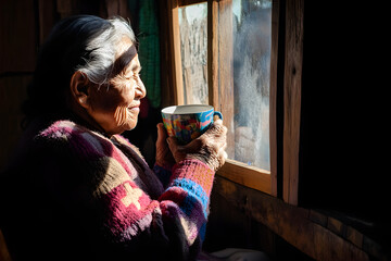 An elderly Latin American woman enjoys a warm drink by a sunlit window, embodying tranquility and reflection in a minimalist setting