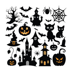 Set of Halloween vector elements like pumpkins, bats, and ghosts on white background