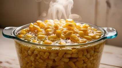 A close-up of corn kernels being boiled in a pot of steaming water.