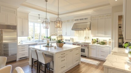 A stylish kitchen featuring white cabinets, quartz countertops