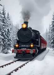 Old steam locomotive. Vintage black train moves through snowy forest at North Pole. Magical winter landscape. Retro style. Christmas and New Year theme. Design for banners, cards and posters.