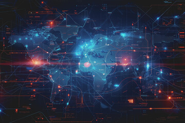 Fototapeta premium Digital world map, global communication theme, tech background, holographic light.