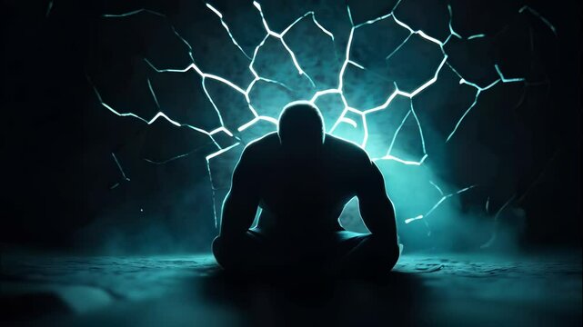 Solitary figure in meditation amidst cracked wall, glowing with blue light, evokes sense of calm and introspection in darkness, inviting solitude and reflection.