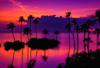 stunning vivid seascape featuring silhouetted palm trees gorgeous dusk sky rich colors tranquil waters, beach, clouds, landscape, tropical, evening, horizon